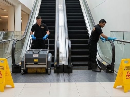Crew cleaning escalator steps and balustrades