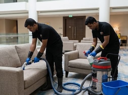Crew extracting dirt from lounge sofas