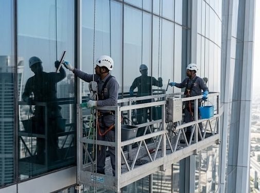 Technicians working from a cradle on a glass tower