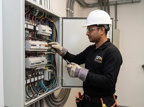 Technician testing an electrical distribution board