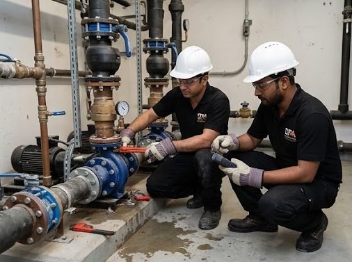 Technicians working on pumps and water pipework